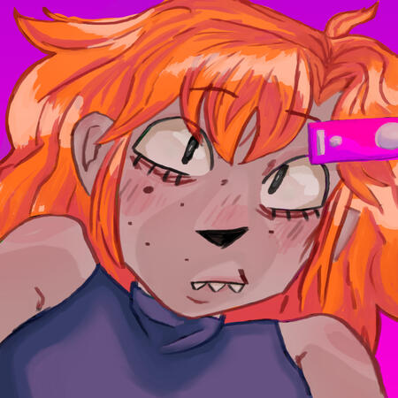 A drawing of my mascot, a bright, orange haired woman with sharp teeth.